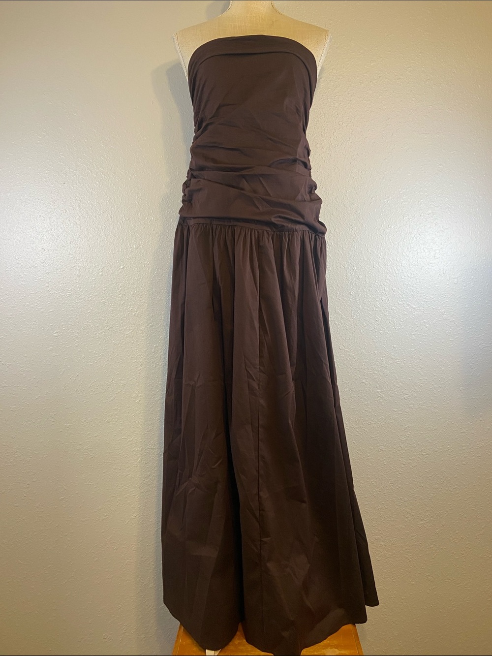 Peppermayo Chic Classic Ruched Drop Waist Carmel Maxi Strapless Dress Size 10